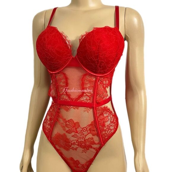 Victoria’s Secret Sexy Bombshell Push Up Adds 2 Cups Lace Teddy Bodysuit Red M - Picture 6 of 10